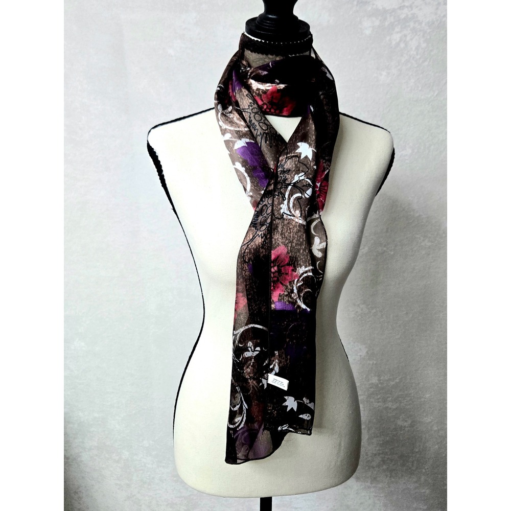 Floral Scroll Print Sheer Striped Oblong Scarf Brown Magenta Purple Gothcore